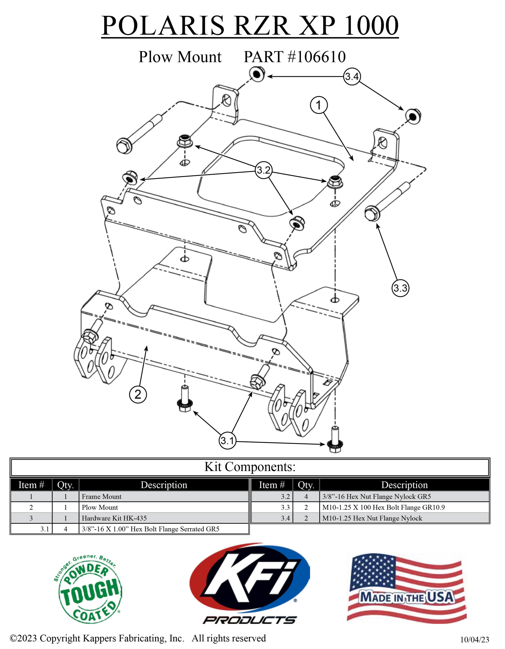 2024 POLARIS RZR 1000 XP / XP 4 - KFI Snow Plow Package - Open Trail ...